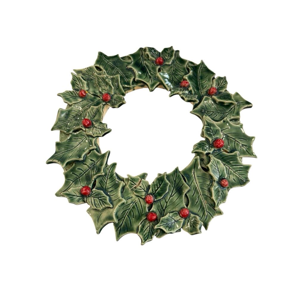 Handmade Pottery Holly Wreath 3D Decor Christmas Holiday 10” Studio - Picture 1 of 9